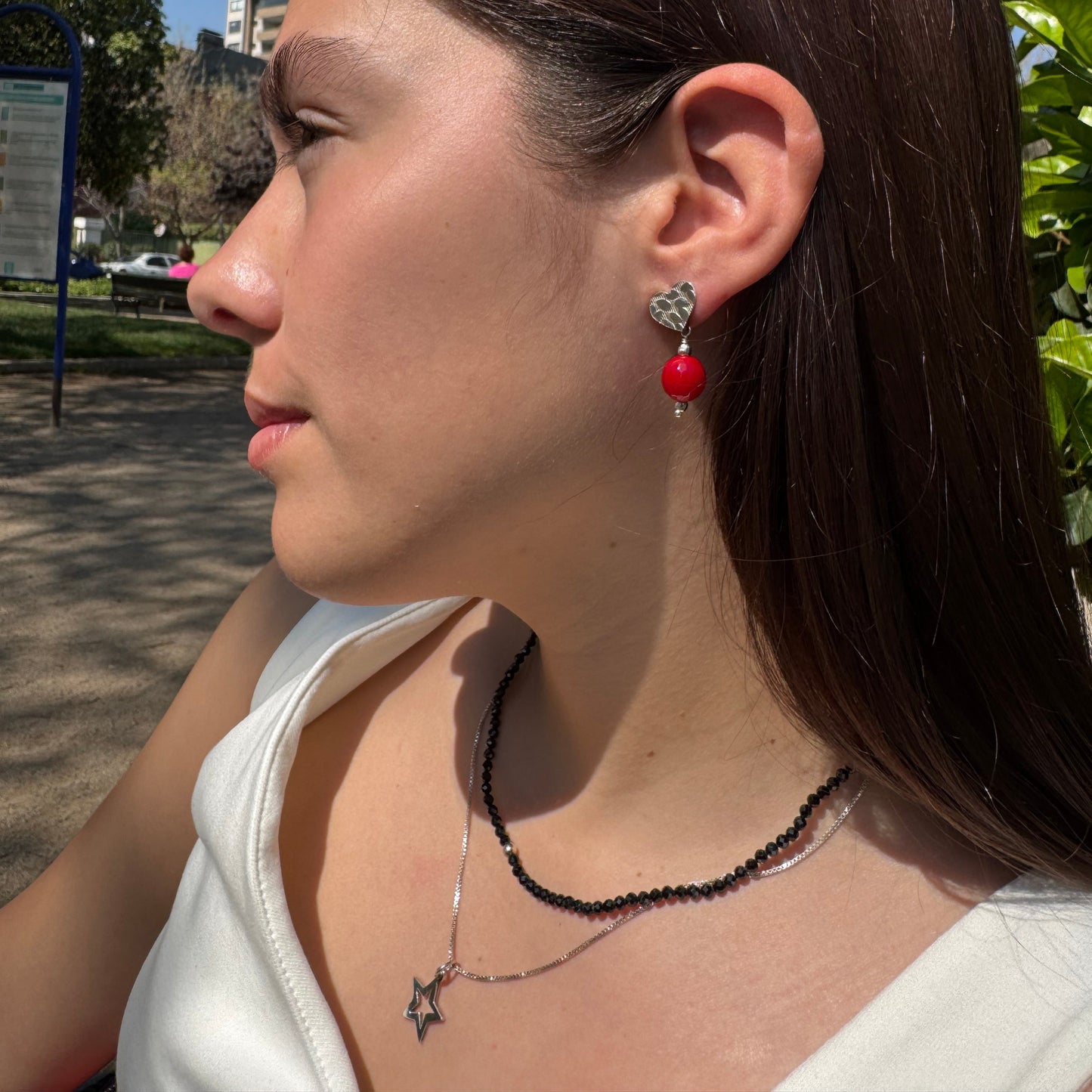 Aros Corazón Rojo Plata