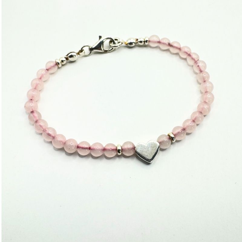 Pulsera de Cuarzo Rosa con Corazón Plata