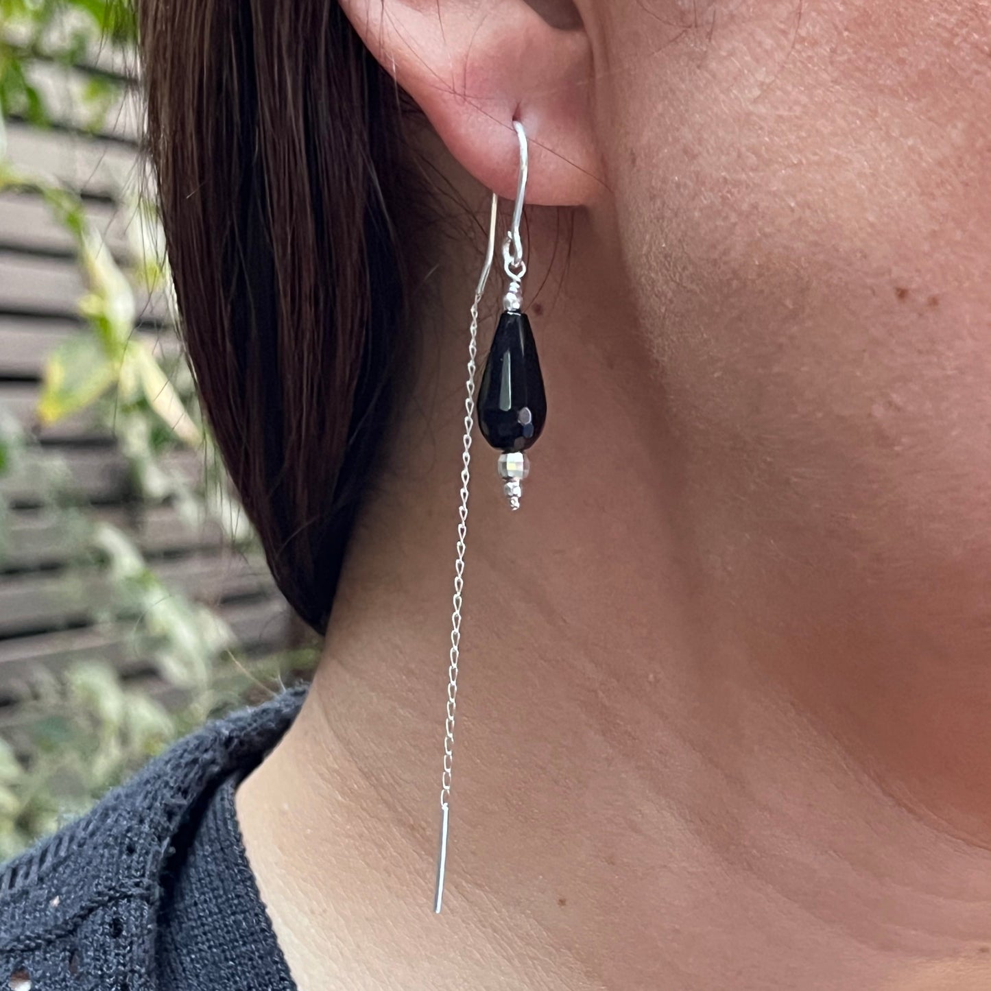 Aros largos de Plata con piedra natural Onix negro