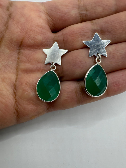 Aros de Estrella de Plata con piedra natural verde Aventurina