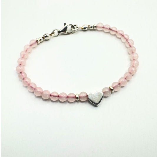 Pulsera de Cuarzo Rosa con Corazón Plata