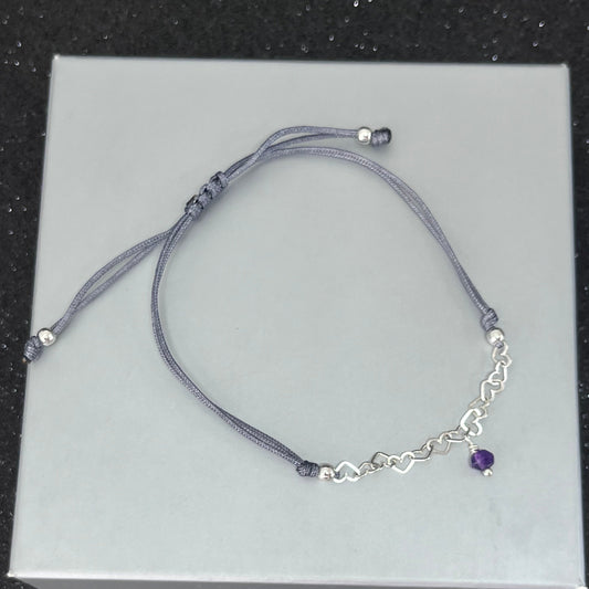 Pulsera Corazones de Plata con piedra Amatista